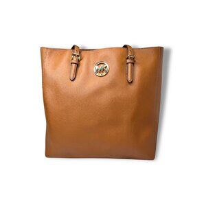 Michael Kors Jet Set Tote Brown Saffiano Leather Adjustable Straps Gold Tone Har